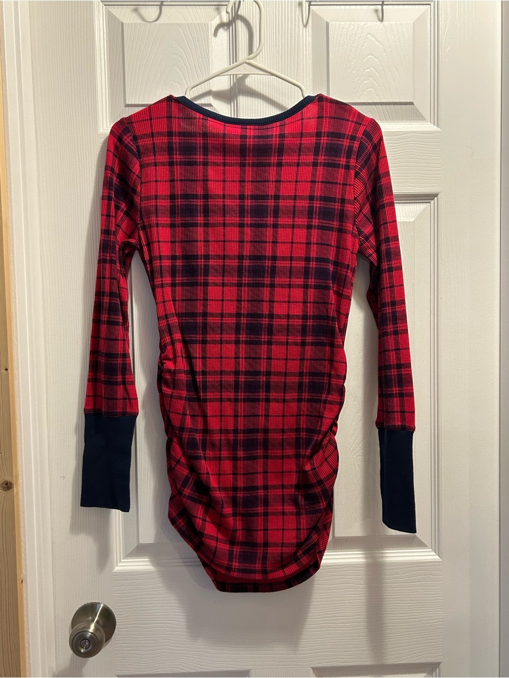 Motherhood Red and Black Plaid Maternity Henley Top with Navy Trim - Picture 2 of 2